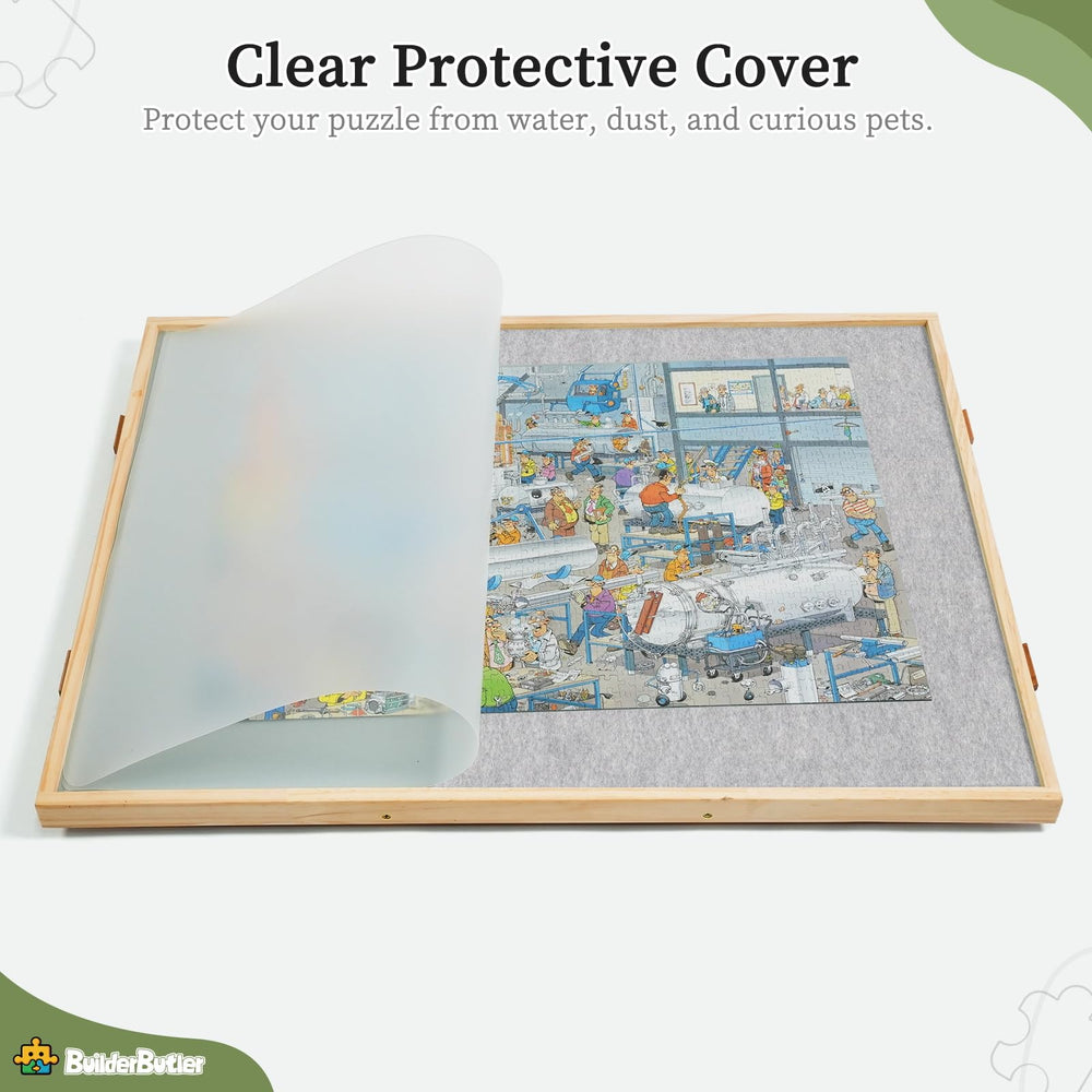 BuilderButler protective transparent cover shields puzzles from spills and pets.