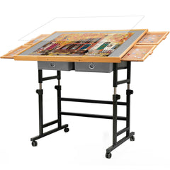 BuilderButler puzzle table with wheels, drawers, and cover for easy mobility and storage.