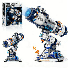 Buildify Space Telescope Building Set with blue lens lights for immersive stargazing play.