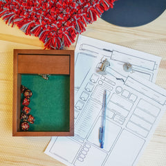 Wooden D&D Dice Tray built-in dice storage vault holds extra dice securely.
