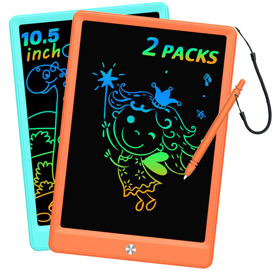 BUKEBU LCD writing tablet front view with colorful doodles, kid-friendly and eye-friendly.
