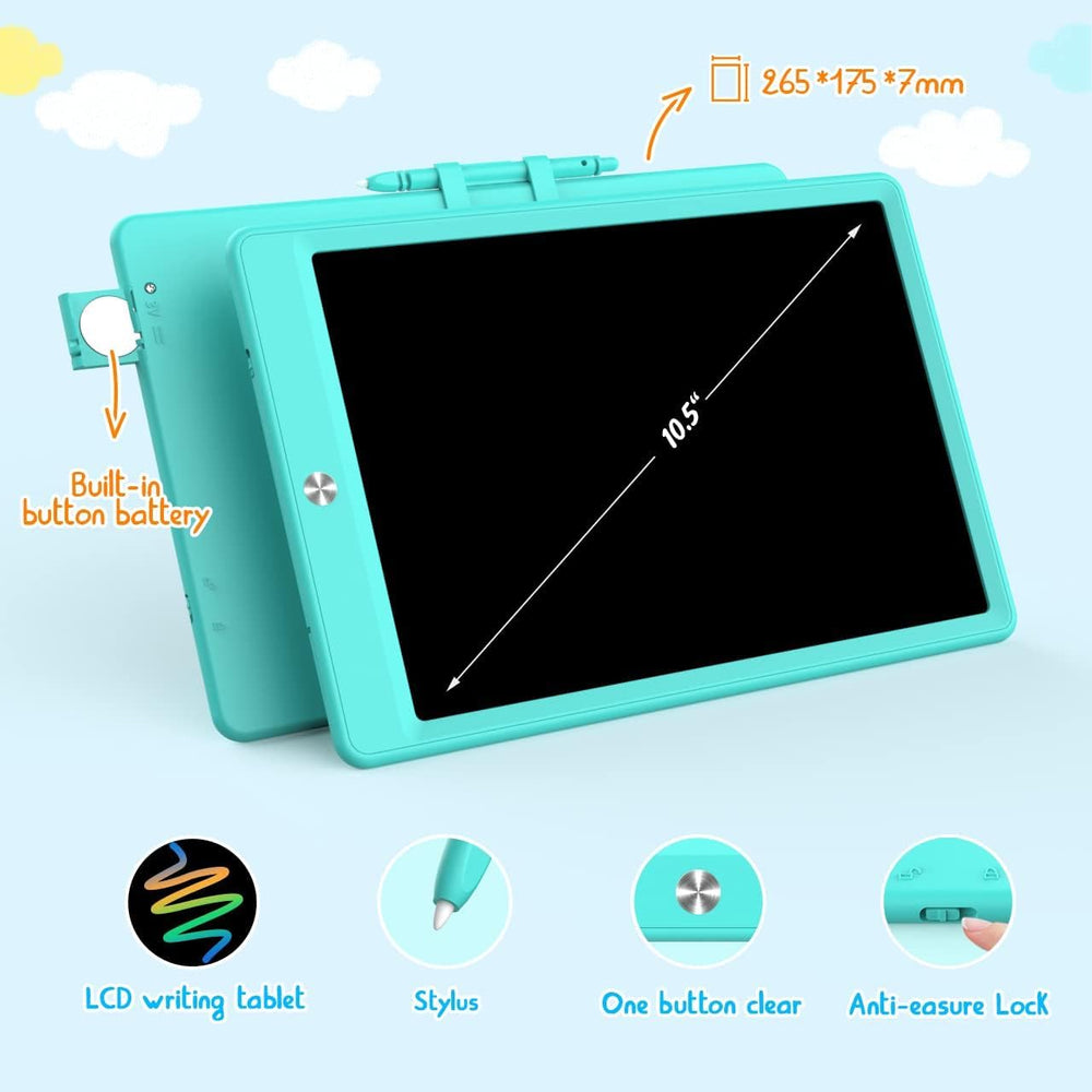 BUKEBU LCD writing tablet shows vibrant doodles on the 10.5-inch screen.