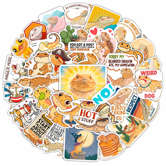BulbaCraft Bearded Dragon stickers on a water bottle, waterproof and durable for daily use