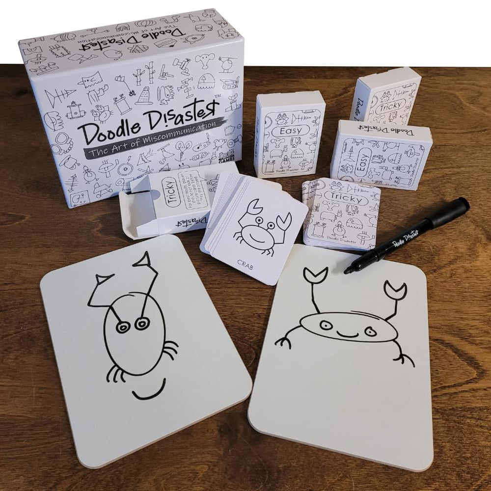 Bulldozer Games Doodle Disaster dry erasers included for mess-free drawing sessions.