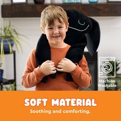 Bumpas plush toy in bed highlights naptime comfort and security.