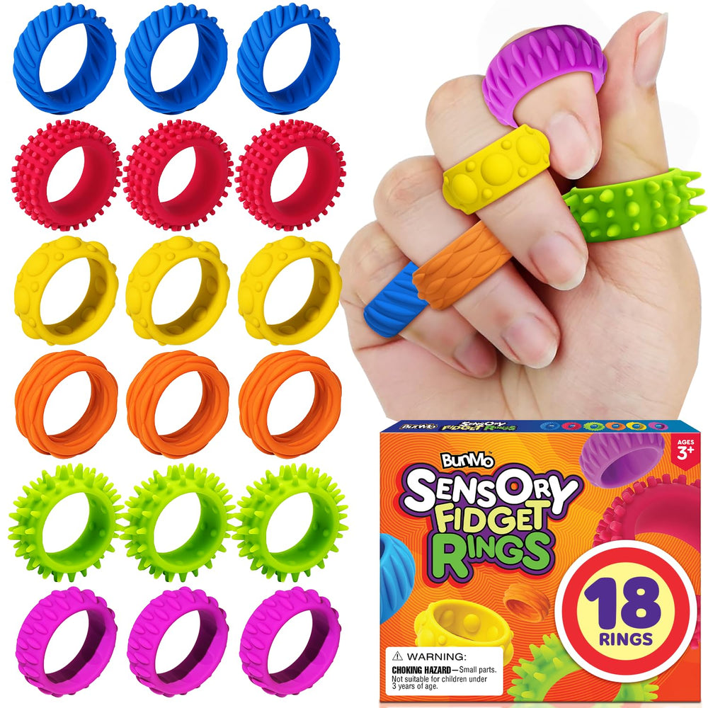 BunMo fidget rings 18-pack in bright colors, ideal for classroom focus and calm play.