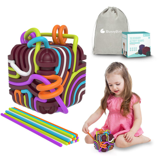 BunnyBoo Sensory Activity Board front view of the 3D cube for focus