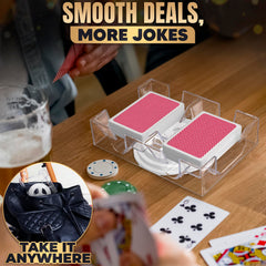 Burious shuffler-friendly card holder compatible with shufflers and boxes.