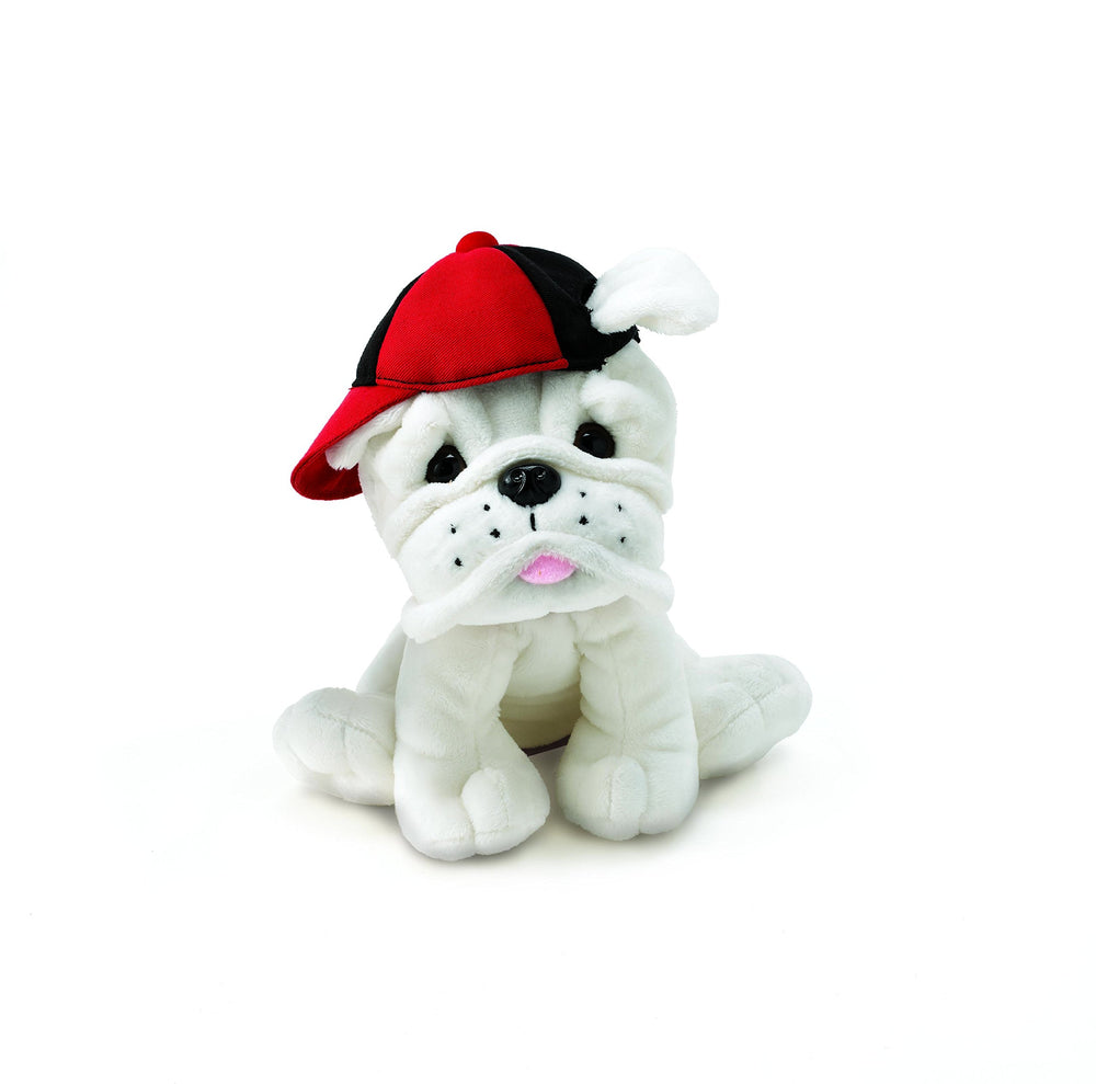 Burton + BURTON Eugene plush bulldog with cap, ideal party centerpiece.