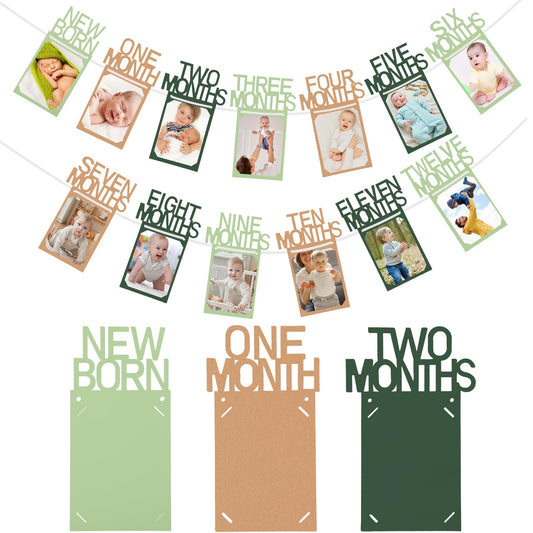 Buryeah birthday banner cards showcase newborn to 12 months for timeless milestone photos.