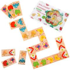 Busaurus 28-piece wooden domino set with colorful fruit and animal designs for learning.