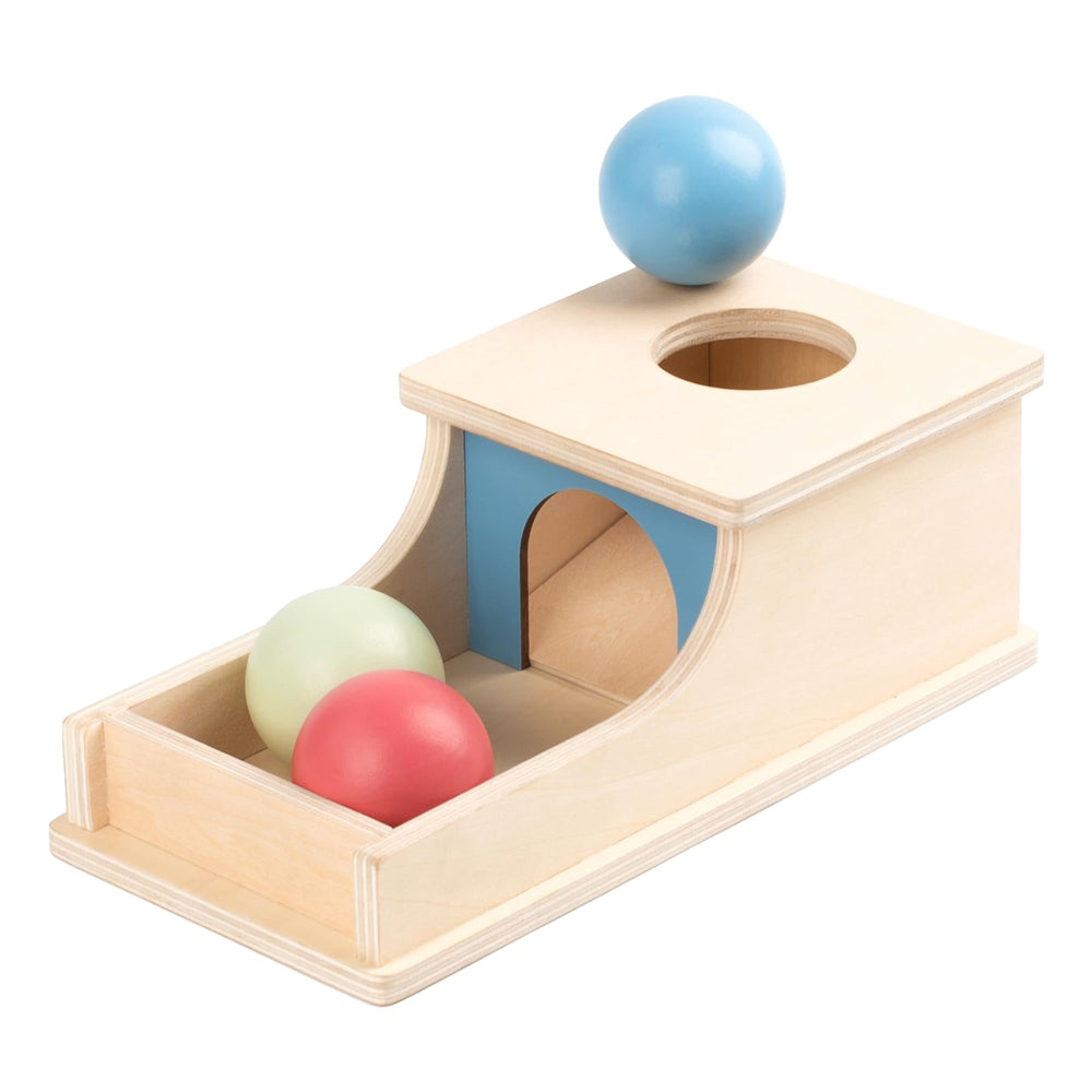 Busy Edition Montessori object permanence box showing wooden design for early problem solving