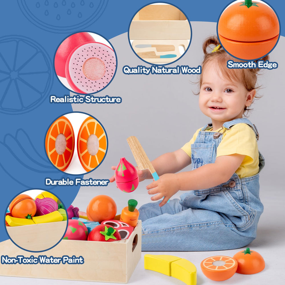Busy Edition colorful wooden fruits and vegetables for bright color recognition in play.