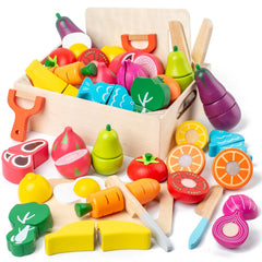 Busy Edition wooden play food set showing knives for safe cutting during pretend cooking.