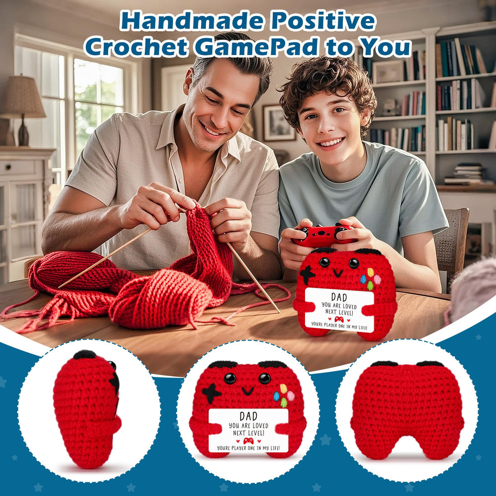 Busy Gaming Life crochet controller used as office decor for positive vibes.