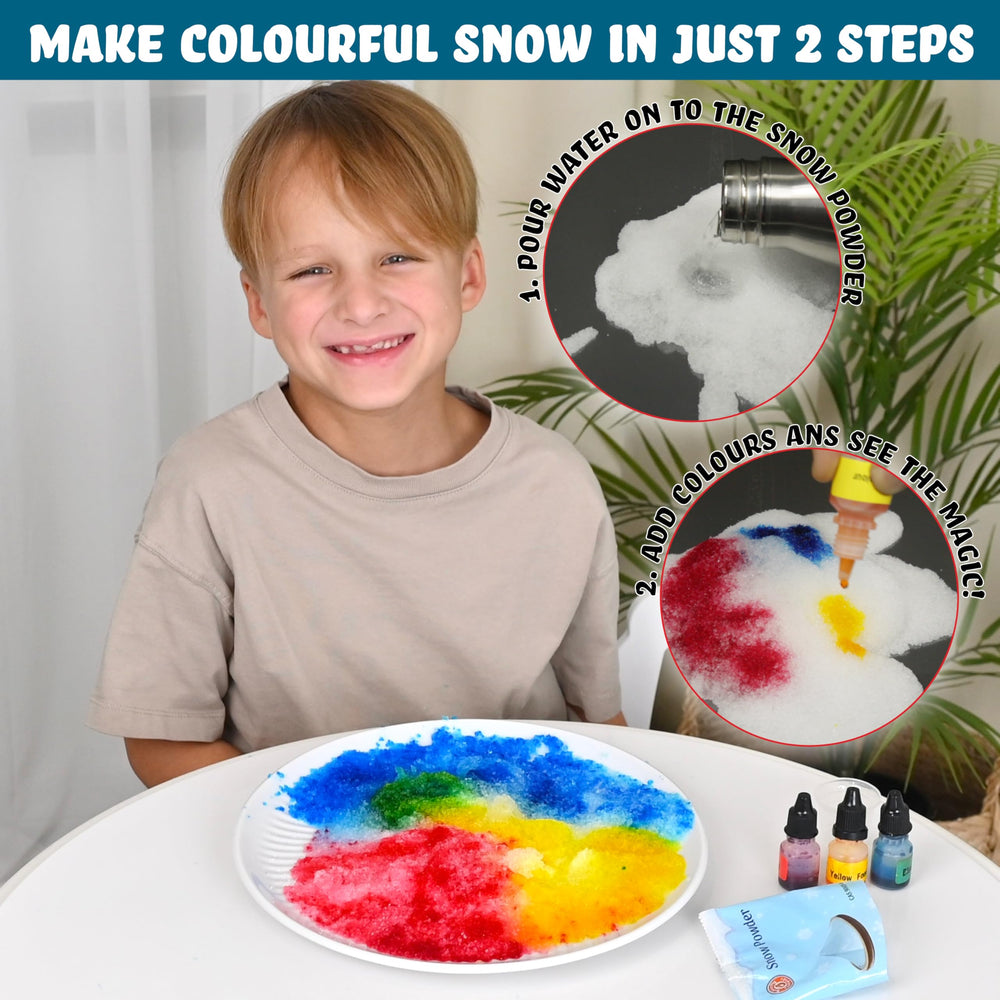 Butterfly EduFields Snow Magic Colorful Snow shows a dry-to-fluffy transform for sensory exploration.