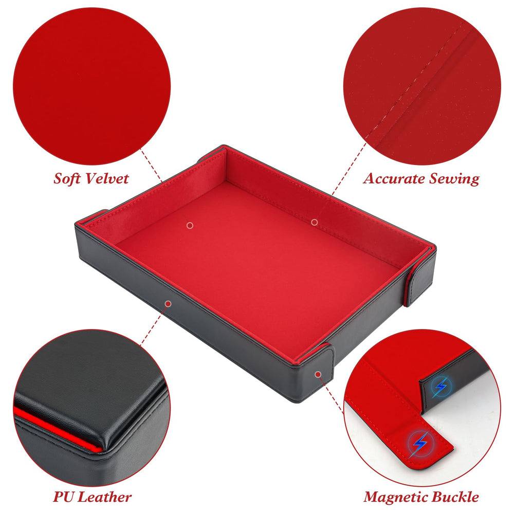 Red felt rolling surface cushions dice and reduces noise for quieter sessions.