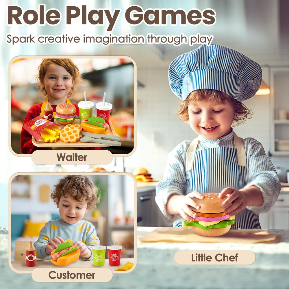 Buyger pretend play menu supports dine-in and takeout role play.