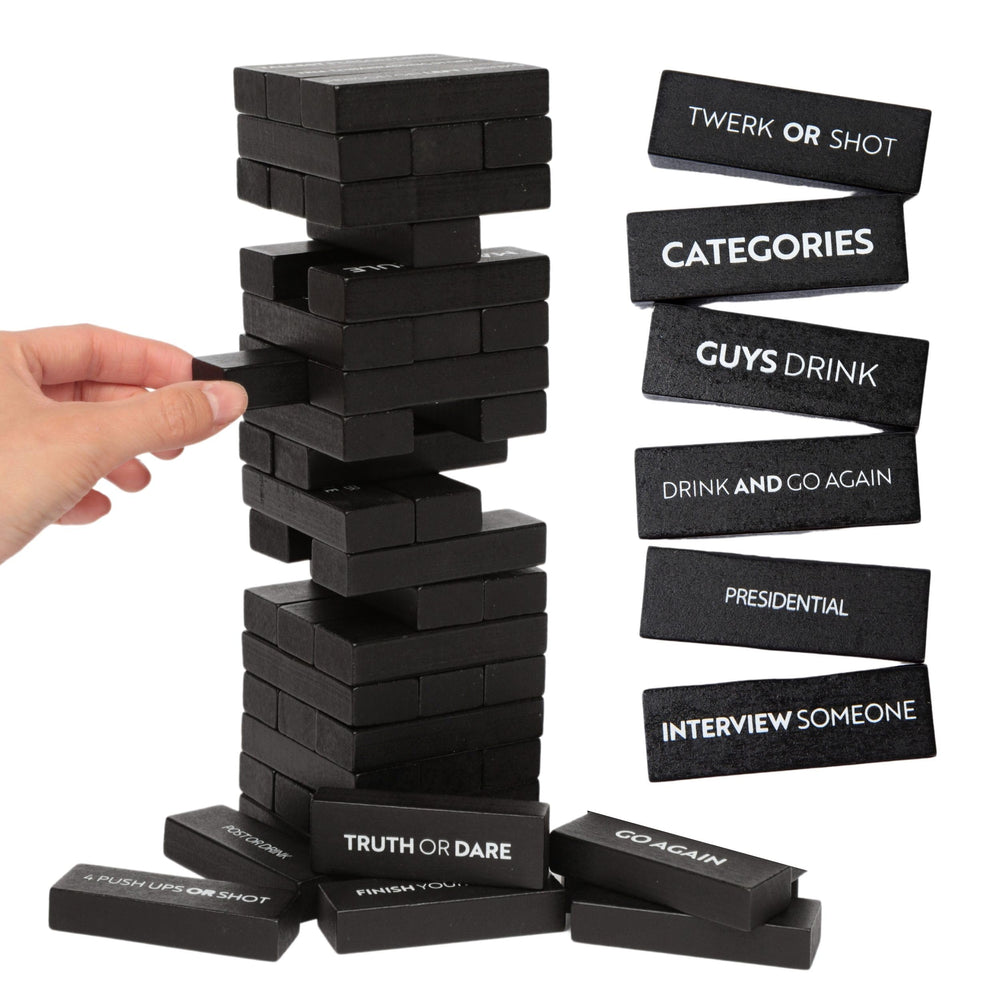 Buzzed Blocks tower setup for adults, a lively icebreaker at gatherings