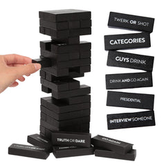 Buzzed Blocks tower setup for adults, a lively icebreaker at gatherings