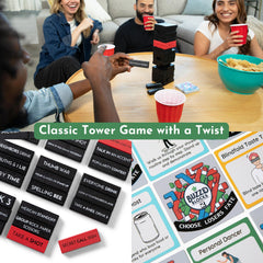 Buzzed Blocks Choose Losers Fate cards spread on game night.