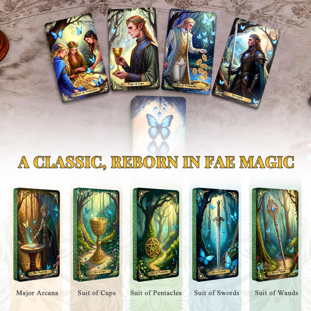 BWTY Best Wishes to You Fairy Tarot deck open spread shows forest symbols.