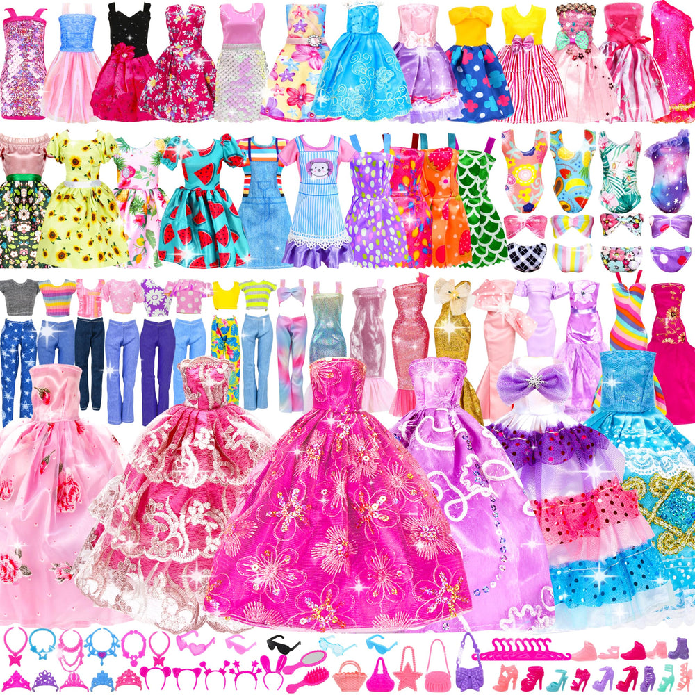 BYMORE 138-pcs doll clothes box showcasing complete outfits for creative storytelling.