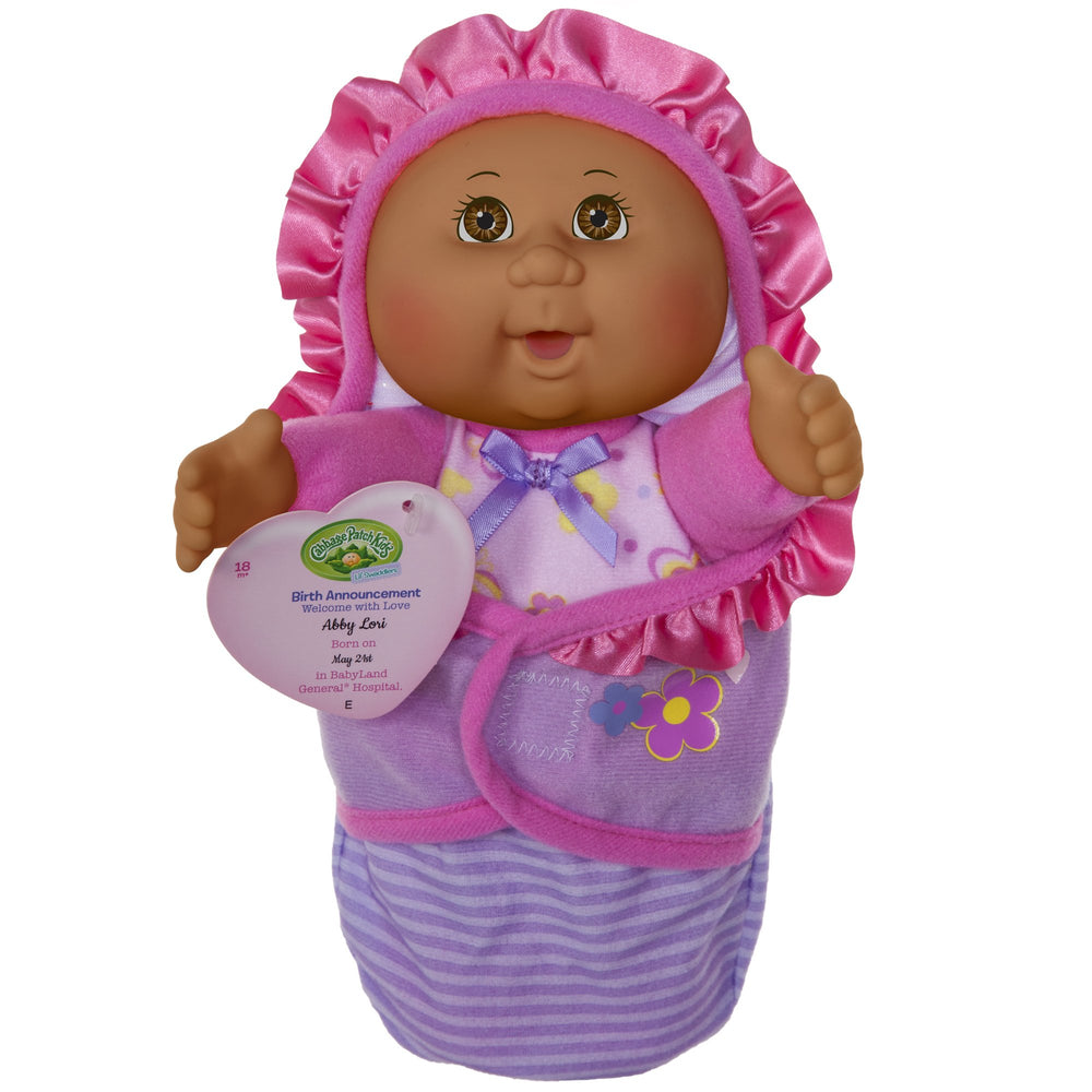 Cabbage Patch Kids newborn African American girl doll with a 9-inch swaddler, ideal for nurturing play.