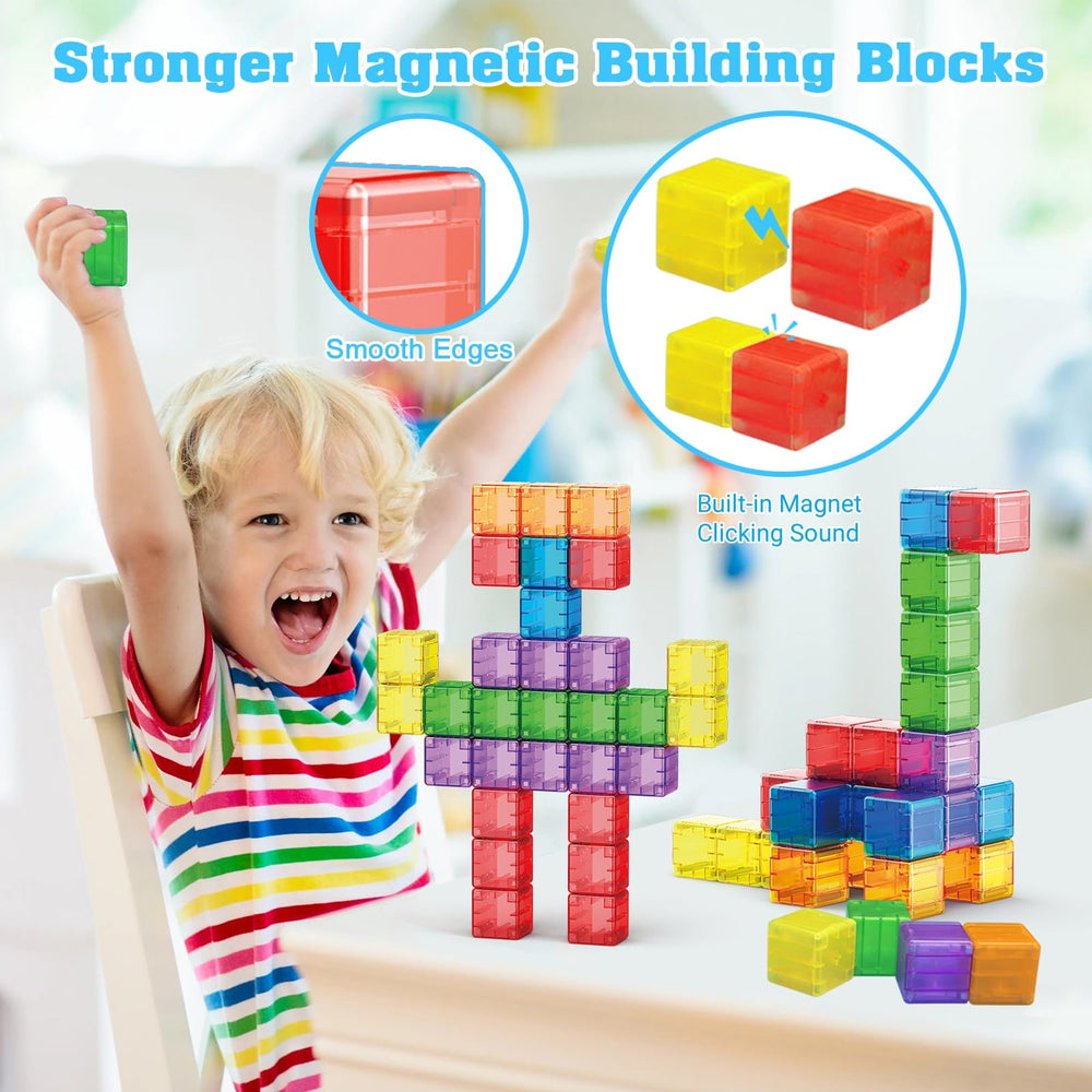 Child building a colorful structure with Caferria magnetic blocks.