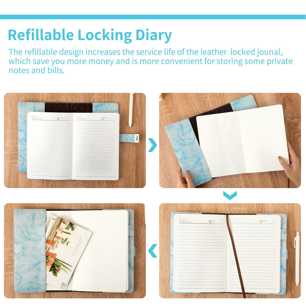 CAGIE Marble Diary with Lock blue inside pages reveal refillable core and thick paper.