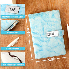 CAGIE Marble Diary with Lock blue spine shows durable travel-ready design.