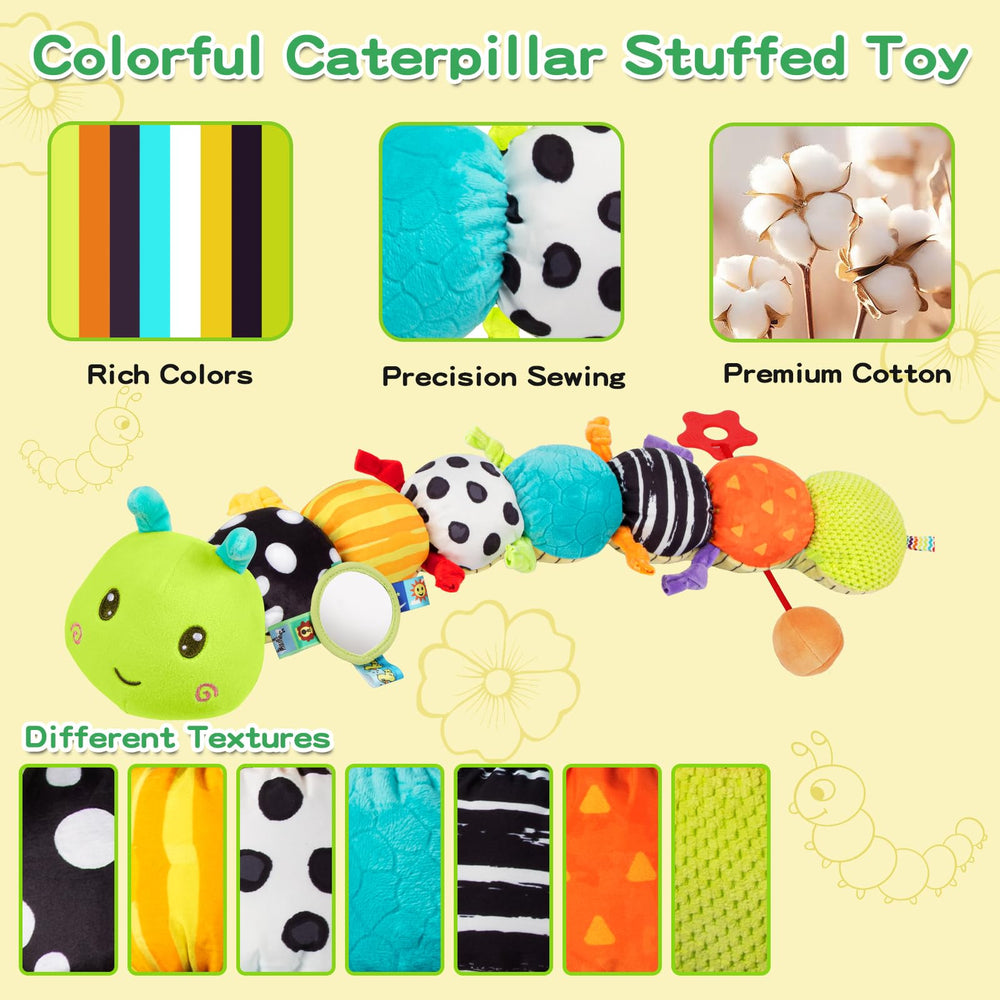 CAHILON caterpillar includes rattle and squeaker to soothe babies on the go.