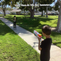 Cakuni water guns kids playing, safe ABS plastic supports outdoor activity.
