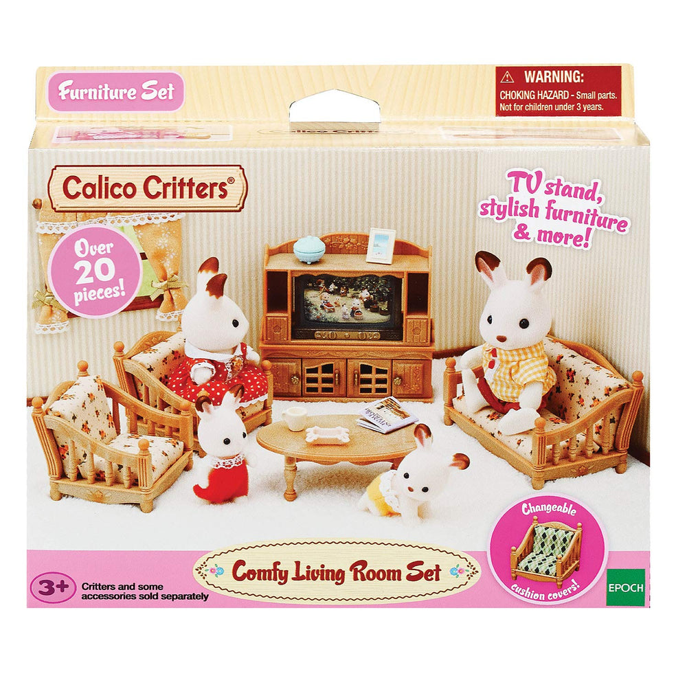 Calico Critters assembled living room scene showing a cozy pretend space.