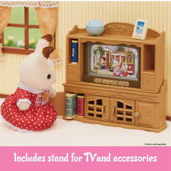 Calico Critters comfy living room television displaying changeable scenes.