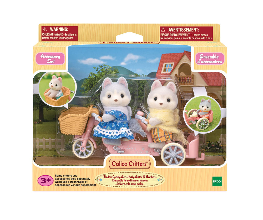 Calico Critters Husky twins with basket and pullcart for storytelling on the go.
