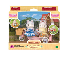 Calico Critters Husky twins with basket and pullcart for storytelling on the go.