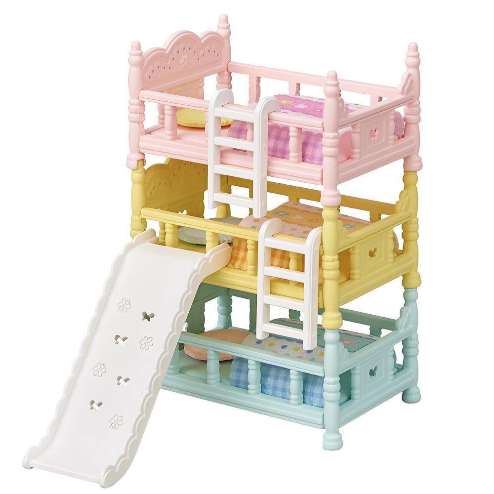 Calico Critters triple bunk beds top view for creative sleepovers and tiny figure play.