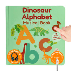 Cali's Books dinosaur alphabet book buttons activate lively sounds to engage toddlers.