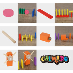 Calmado domino train topple in action, showcasing a satisfying chain reaction.