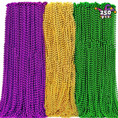 Camlinbo Mardi Gras beads in green, purple, and gold on 33-inch strands for festive wear.