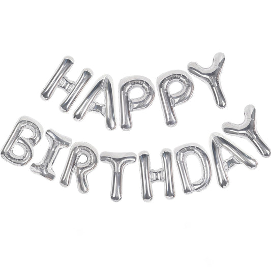 CANREVEL Happy Birthday banner 16in silver foil letters, easy to hang