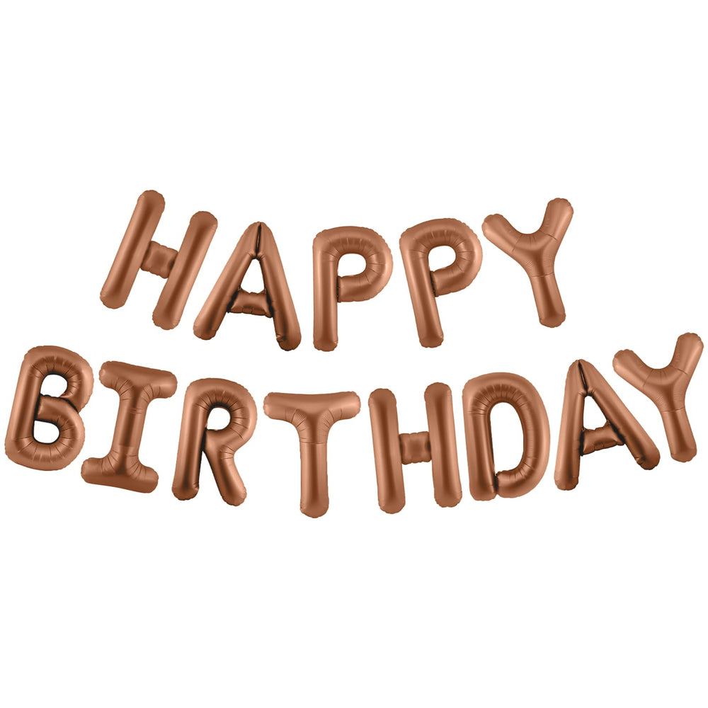 CANREVEL Happy Birthday banner in 16-inch chocolate foil letters ready to decorate a wall.