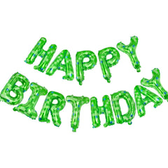 CANREVEL Happy Birthday banner letters in green pixel foil for a game-themed celebration.