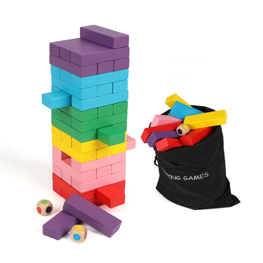 Canuan wooden blocks tower for kids, highlighting balance play and focus.
