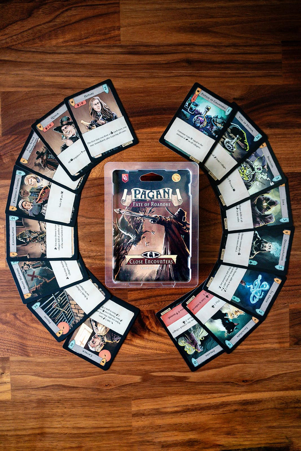 Capstone Games Pagan in-play setup demonstrates tactical deduction and player interaction.