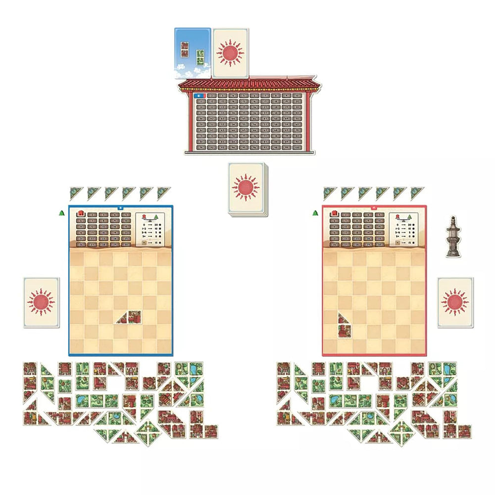 Capstone Games Tangram City glimpse of upcoming tiles helps anticipate shifts.