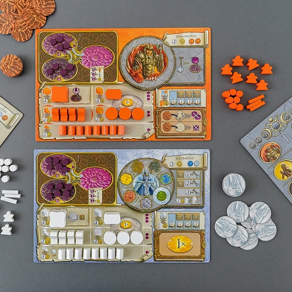 Capstone Games Terra Mystica Fire and Ice ice maidens faction cards emphasize temple synergy.
