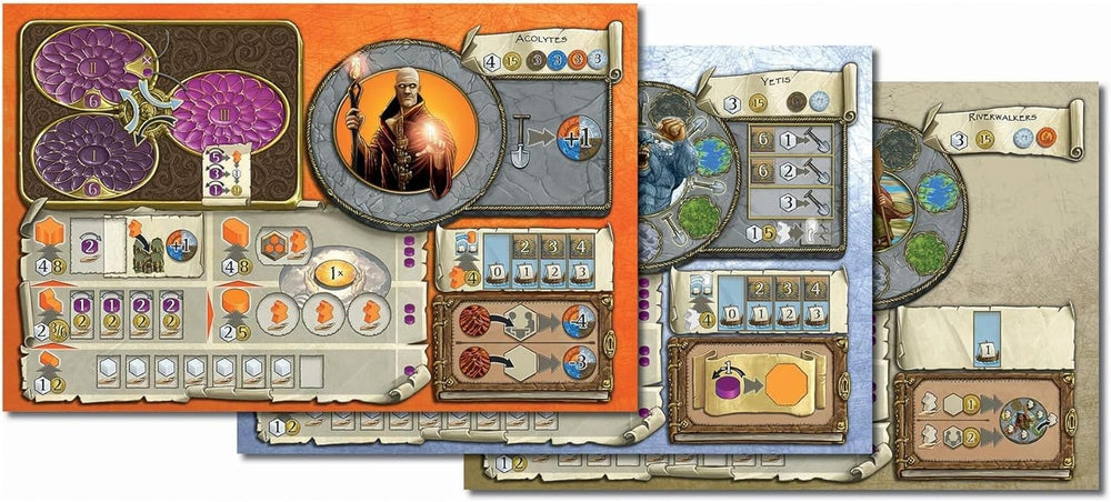Capstone Games Terra Mystica Fire and Ice Shae Shifters tokens illustrate terrain flexibility.