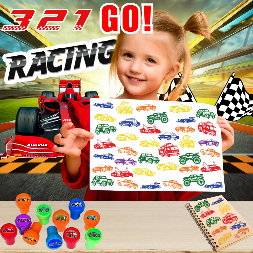 Car and Truck Stamps 12pc set designs offer colorful vehicle stamps for crafts.